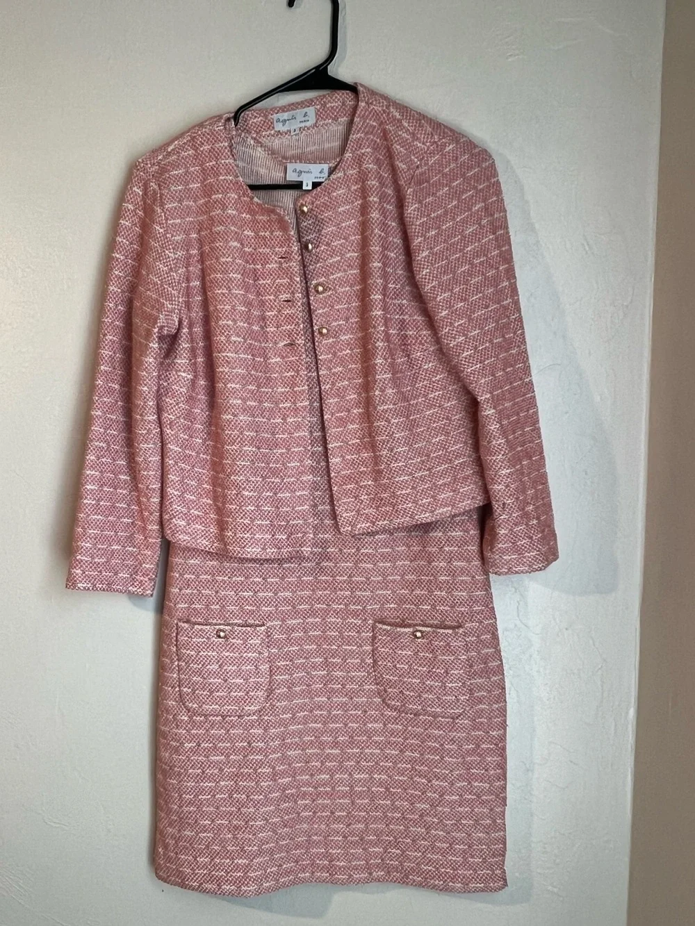 Agnes B. Pink Tweed Two-Piece Skirt Set with Gold Buttons